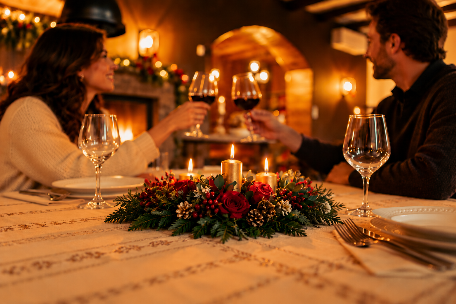 A couple sharing a candlelit Christmas toast