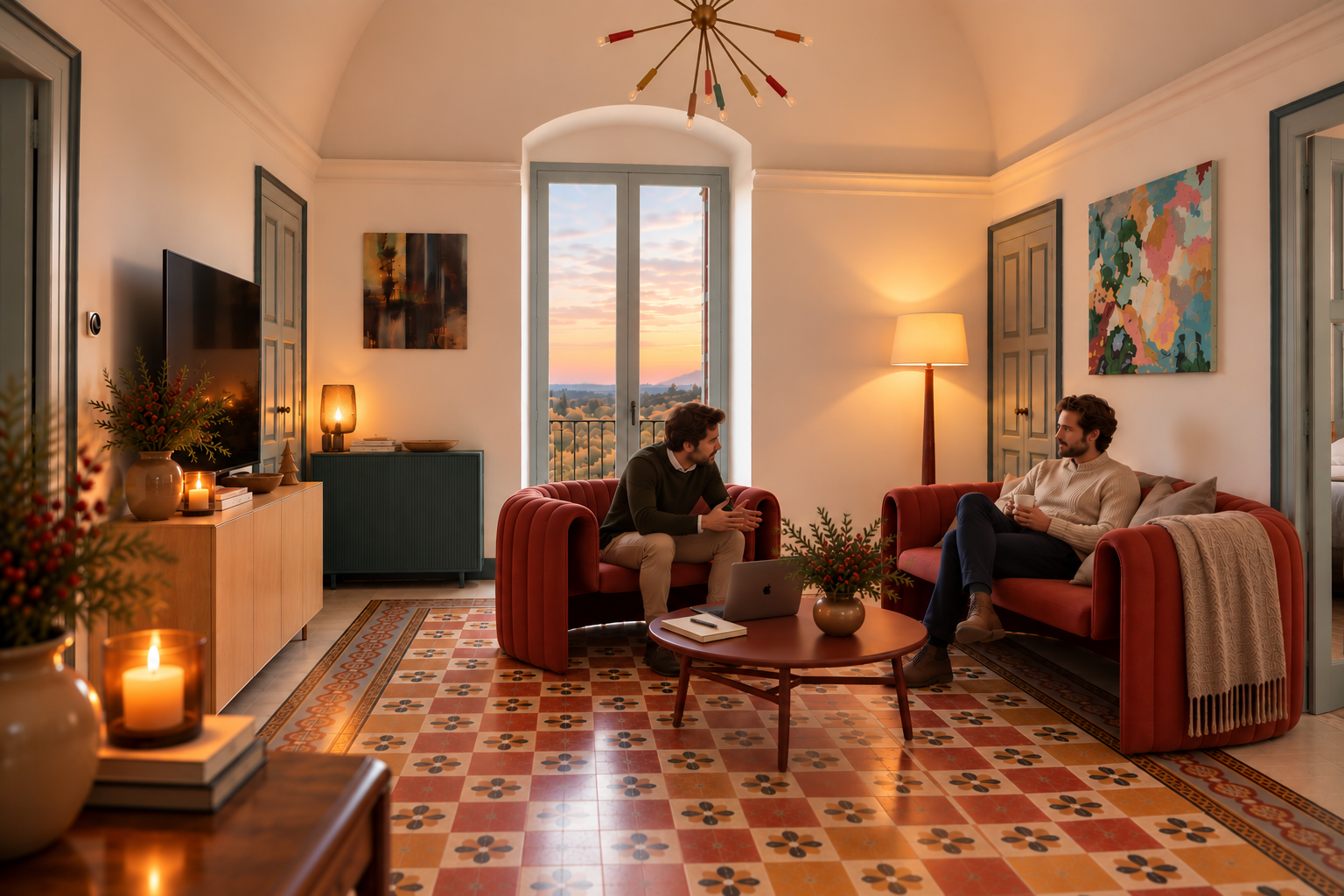 Colleagues in conversation at sunset in the living room