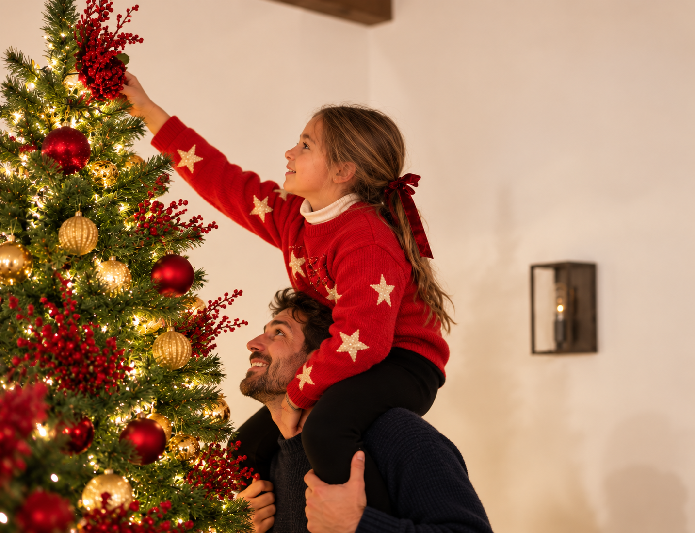 Family decorating a Christmas tree