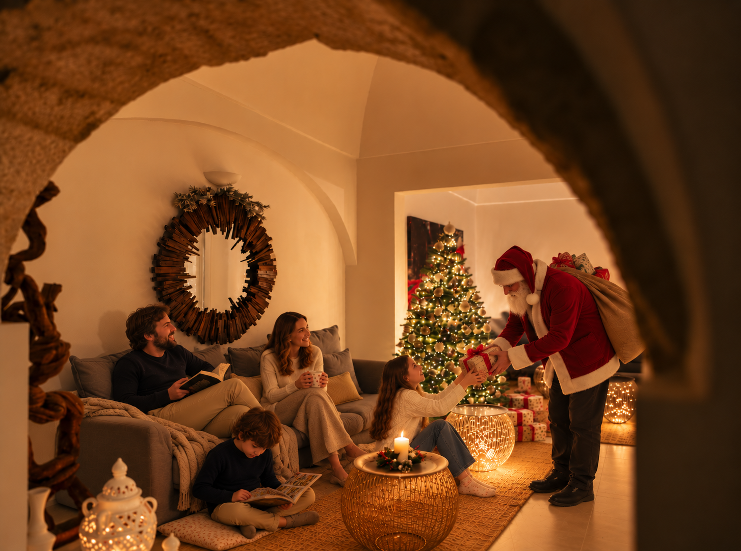 A family sharing a Christmas moment with Santa